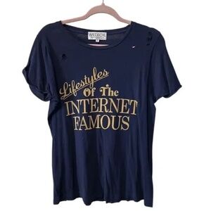 Wildfox Internet Famous‎ Distressed Graphic T-Shirt Navy Gold Small